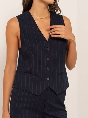 Maison d'Amélie Women's Navy Pinstripe Tailored Vest - Classic Office Vest